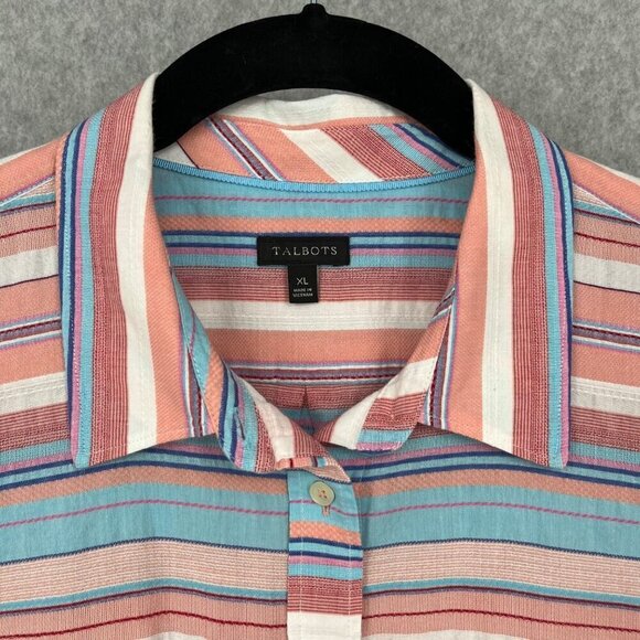 Talbots Classic Casual Button Up Shirt Size XL Sunset Stripe Serape Pink Blue - Picture 6 of 11